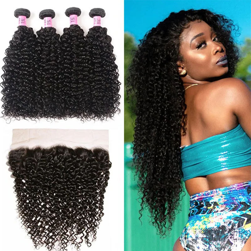 Wesface Curly 4 Pcs Bundles Hair Weft With 13x4 Lace Frontal Natural Black Human Virgin hair