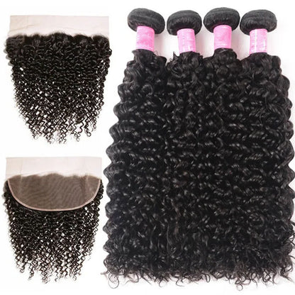 Wesface Curly 4 Pcs Bundles Hair Weft With 13x4 Lace Frontal Natural Black Human Virgin hair