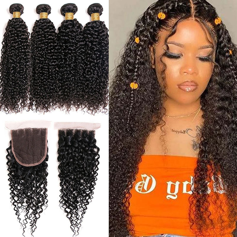 Wesface Curly 4 Pcs Bundles Hair Weft With 4x4 Lace Closure Human Virgin Hair
