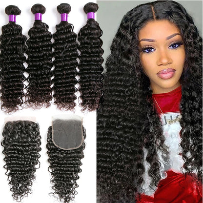 Wesface Curly 4 Pcs Bundles Hair Weft With 4x4 Lace Closure Human Virgin Hair