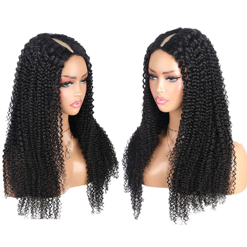 Wesface Curly V Part Wig Gluesless Human Hair Wig Natural Black Color 180% Density