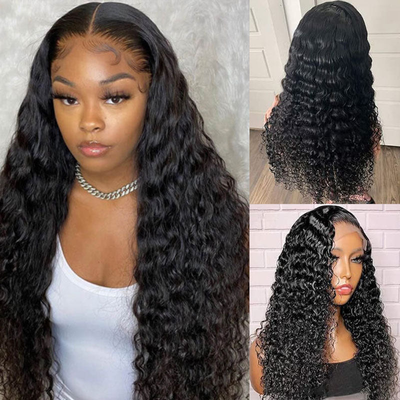 Wesface Deep Wave 13x4 Lace Front Wig Natural Black Human Hair Wig