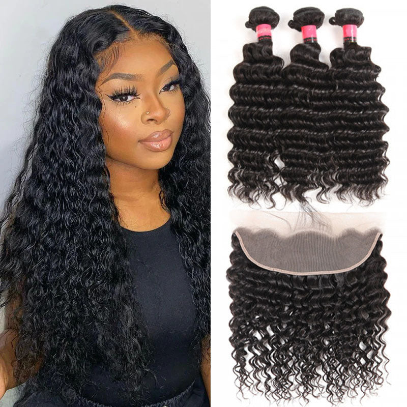 Wesface Deep Wave 3 Bundles Hair Weft With 13x4 Lace Frontal Human Hair