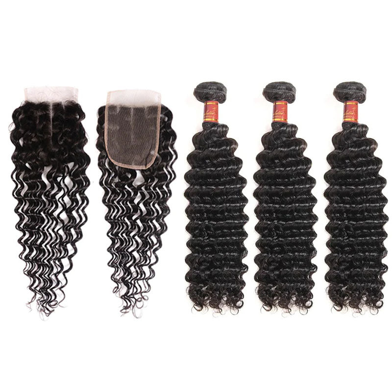 Wesface Deep Wave 3 Bundles Hair Weft With 4x4 Lace Closure Human Hair