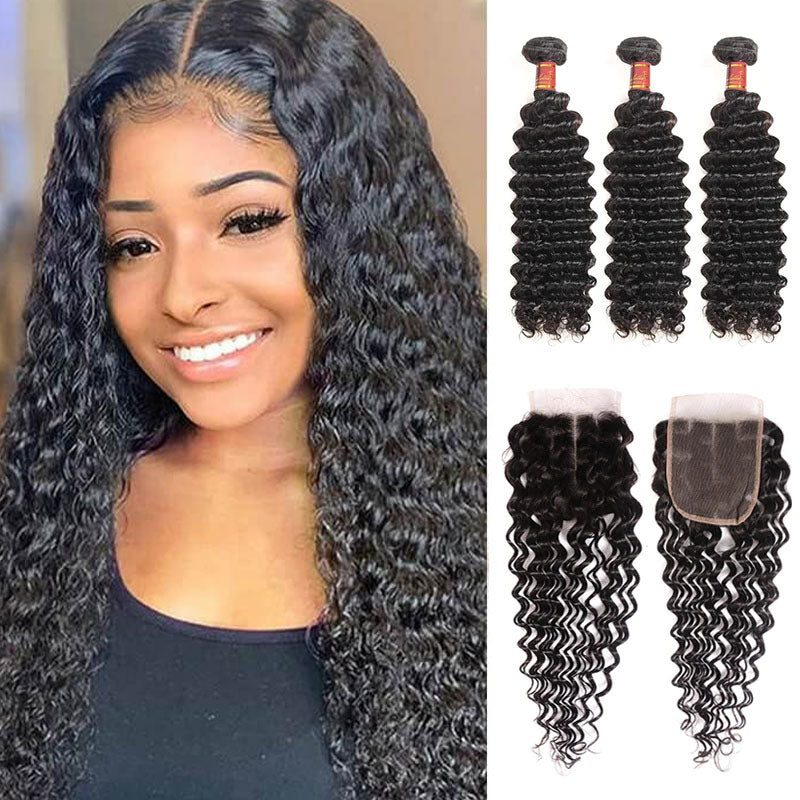 Wesface Deep Wave 3 Bundles Hair Weft With 4x4 Lace Closure Human Hair