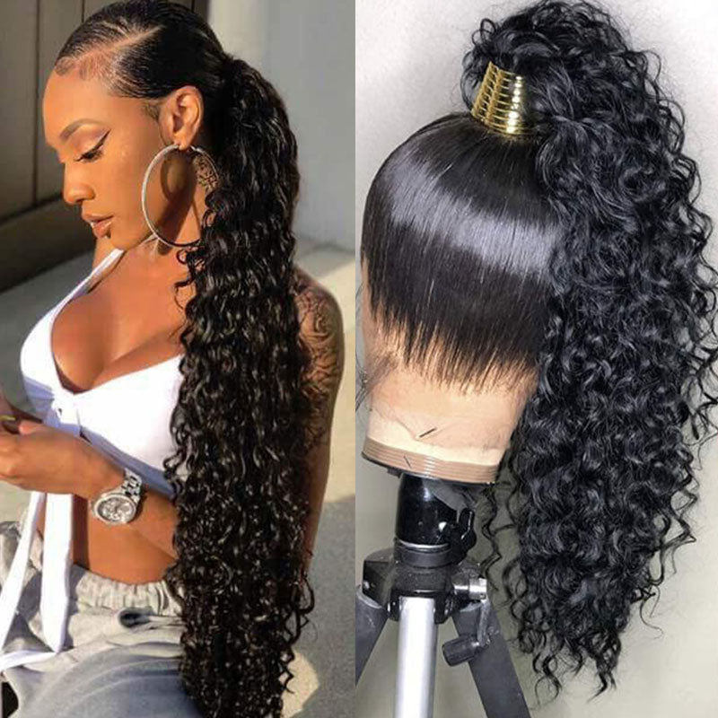 Wesface Deep Wave 360 Transparent Lace Frontal Wig Natural Black Human Hair Wig