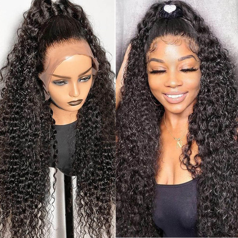 Wesface Deep Wave 360 Transparent Lace Frontal Wig Natural Black Human Hair Wig