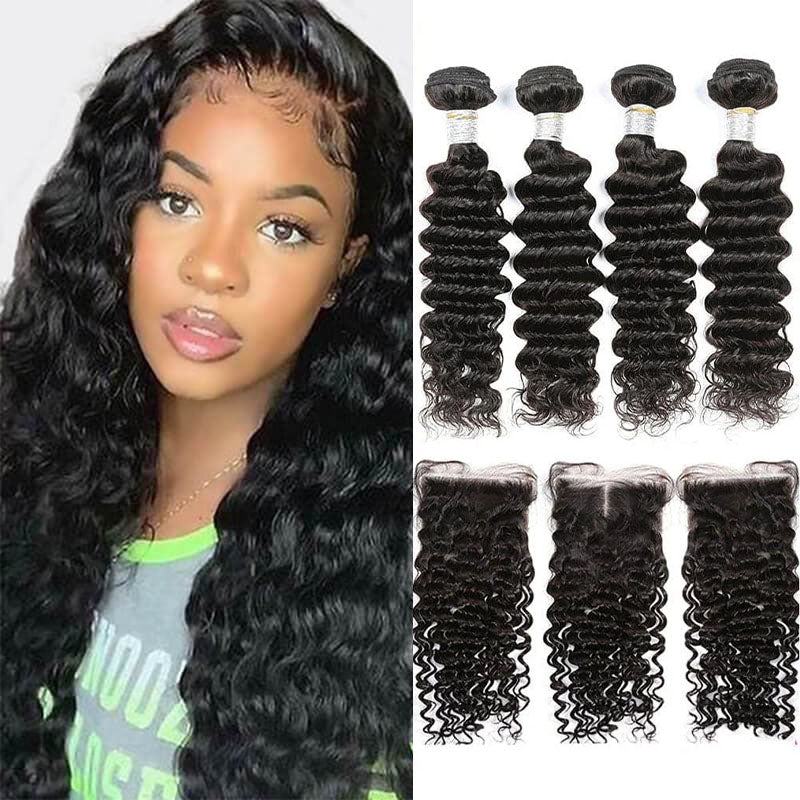 Wesface Deep Wave 4 Bundles Hair Weft With 4x4 Lace Closure Human Hair