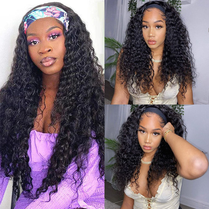Wesface Deep Wave Headband Wig Natural Black Human Hair Wig For Women