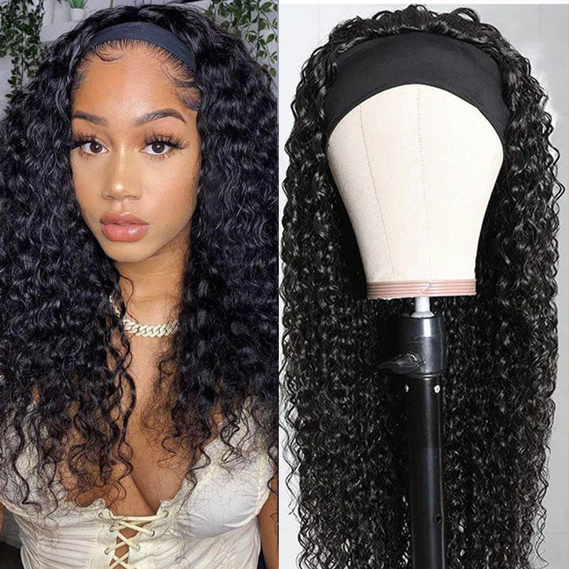 Wesface Deep Wave Headband Wig Natural Black Human Hair Wig For Women