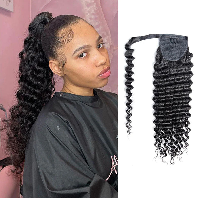 Wesface Hair 16-40 Inch Deep Wave Ponytail Human Hair Natural Black