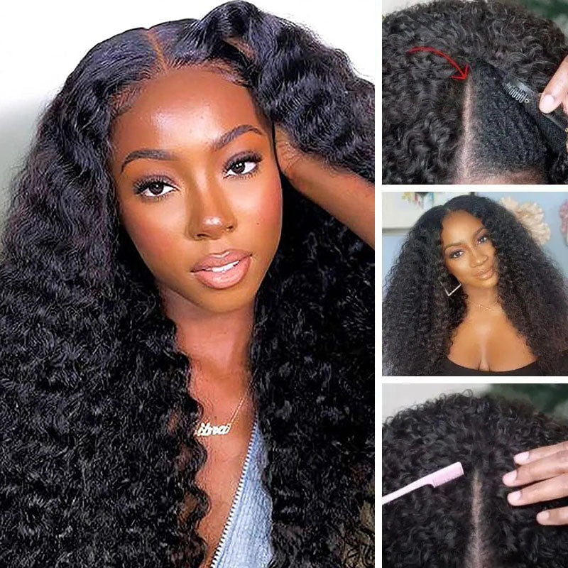 Wesface Deep Wave V Part Wig Natural Black Human Hair Wig For Women 180% Density