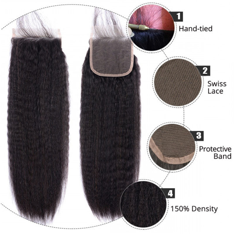 Wesface Kinky Straight 1 Pcs 4x4 Lace Closure Natural Black Human Hair