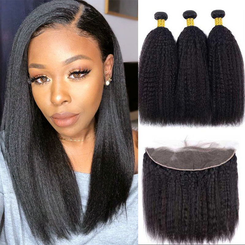 Wesface Kinky Straight 3 Pcs Bundles Hair Weft With 13x4 Lace Frontal Natural Black Human Hair