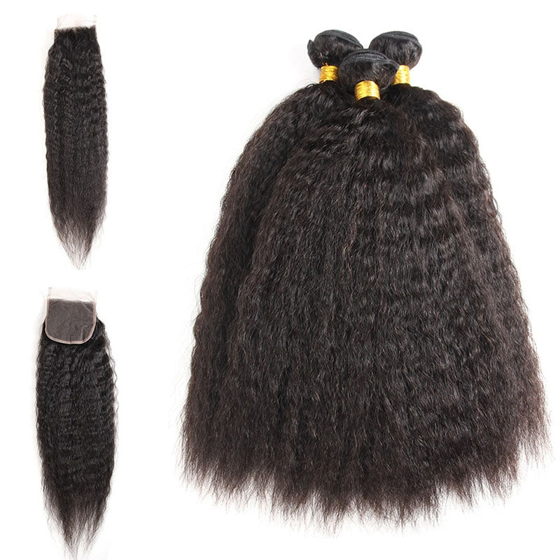 Wesface Kinky Straight 3 Pcs Bundles Hair Weft With 4x4 Lace Closure Natural Black Human Hair