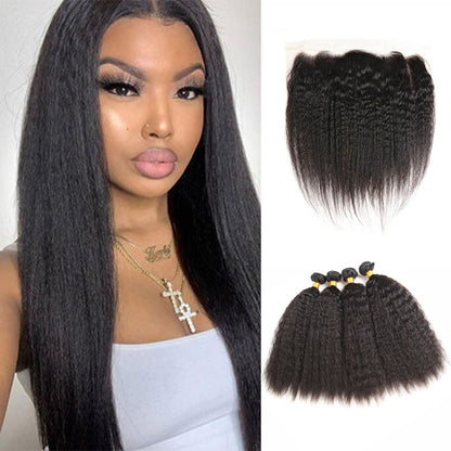 Wesface Kinky Straight 4 Pcs Bundles Hair Weft With 13x4 Lace Frontal Natural Black Human Hair