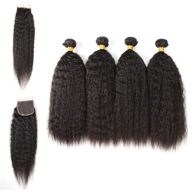 Wesface Kinky Straight 4 Pcs Bundles Hair Weft With 4x4 Lace Closure Natural Black Human Hair