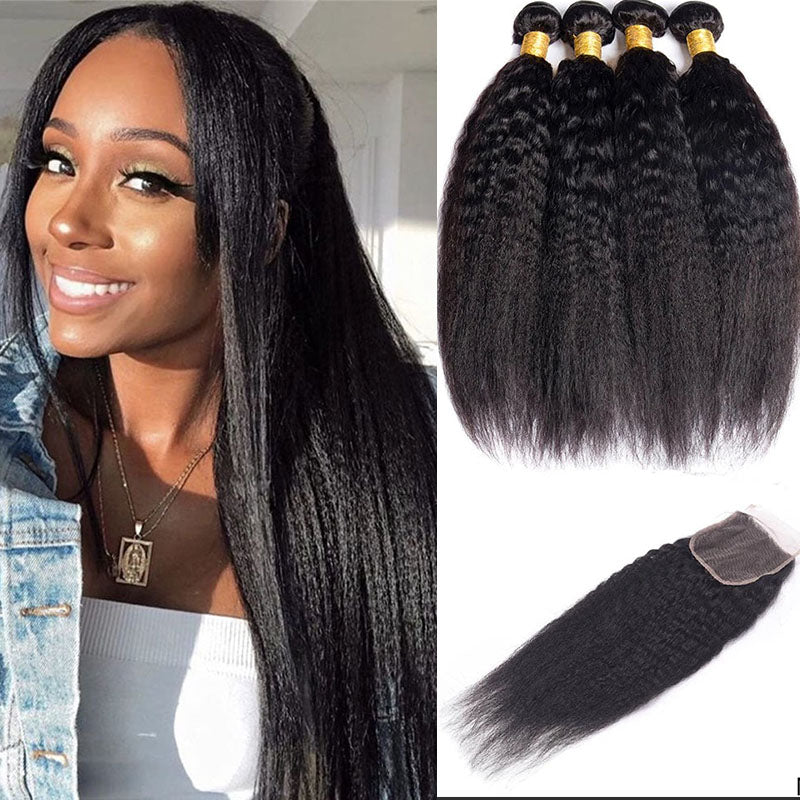 Wesface Kinky Straight 4 Pcs Bundles Hair Weft With 4x4 Lace Closure Natural Black Human Hair