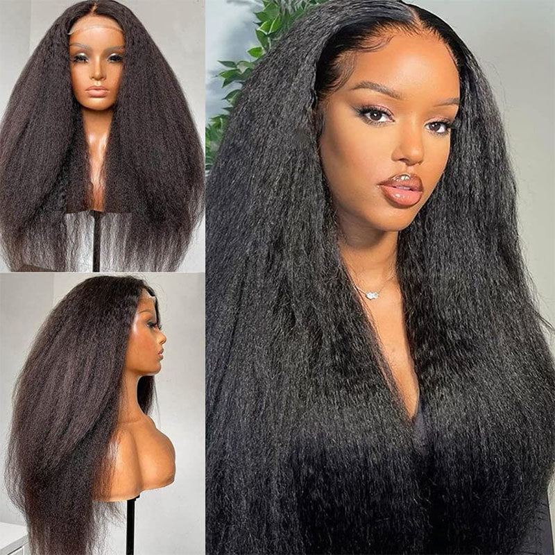 Wesface Kinky Straight T Part Wig Natural Black Human Virgin Hair For Women 180% Density