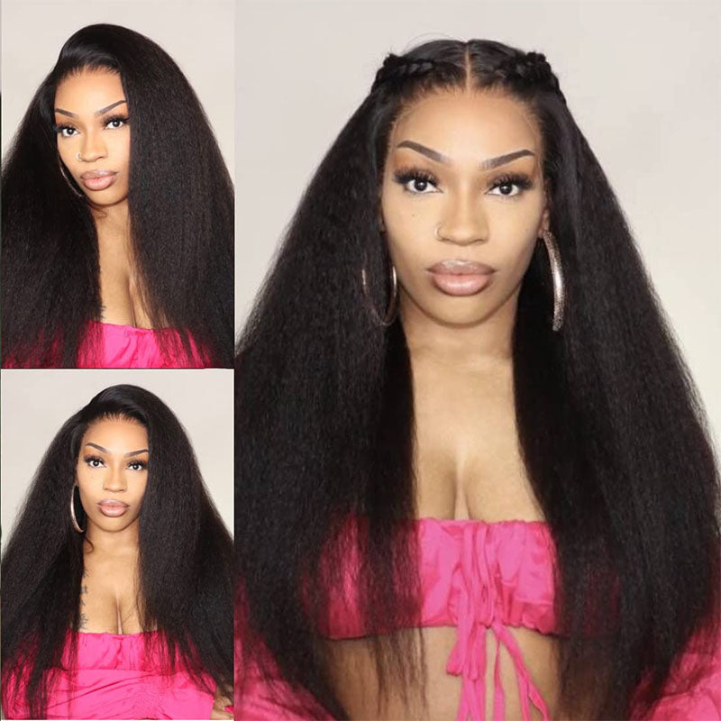 Wesface Kinky Straight T Part Wig Natural Black Human Virgin Hair For Women 180% Density