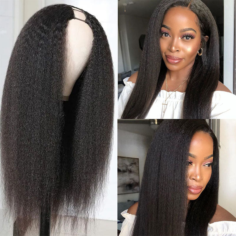 Wesface Kinky Straight U Part Wig Natural Black Human Virgin Hair For Women 180% Density