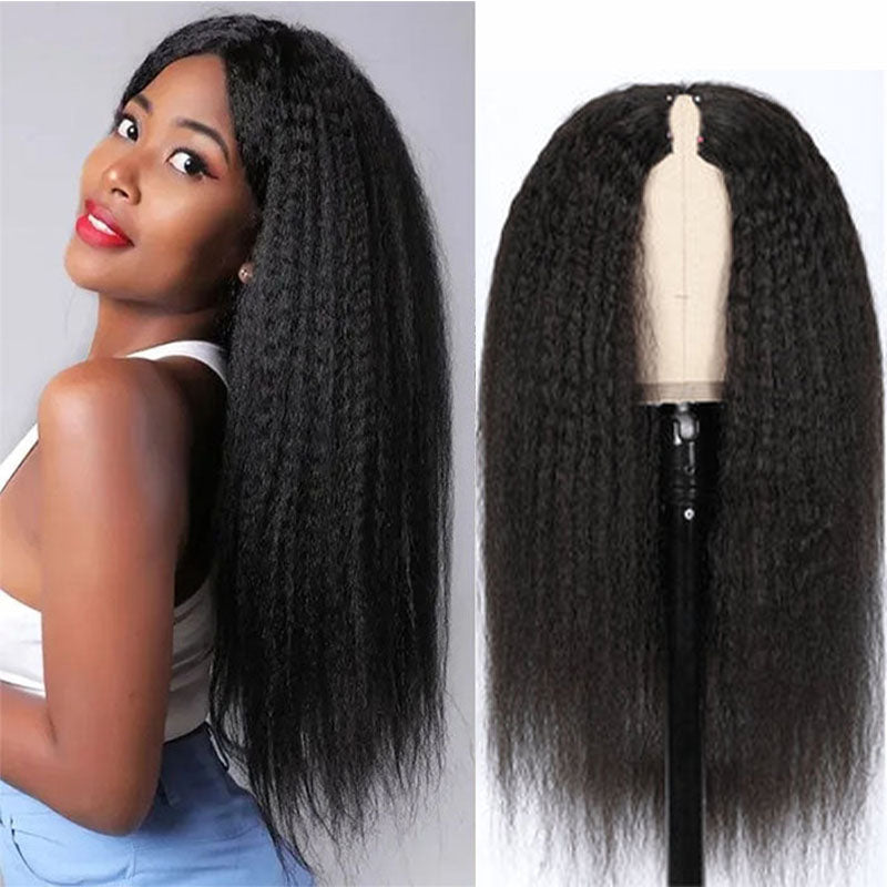 Wesface Kinky Straight V Part Wig Natural Black Human Virgin Hair For Women 180% Density