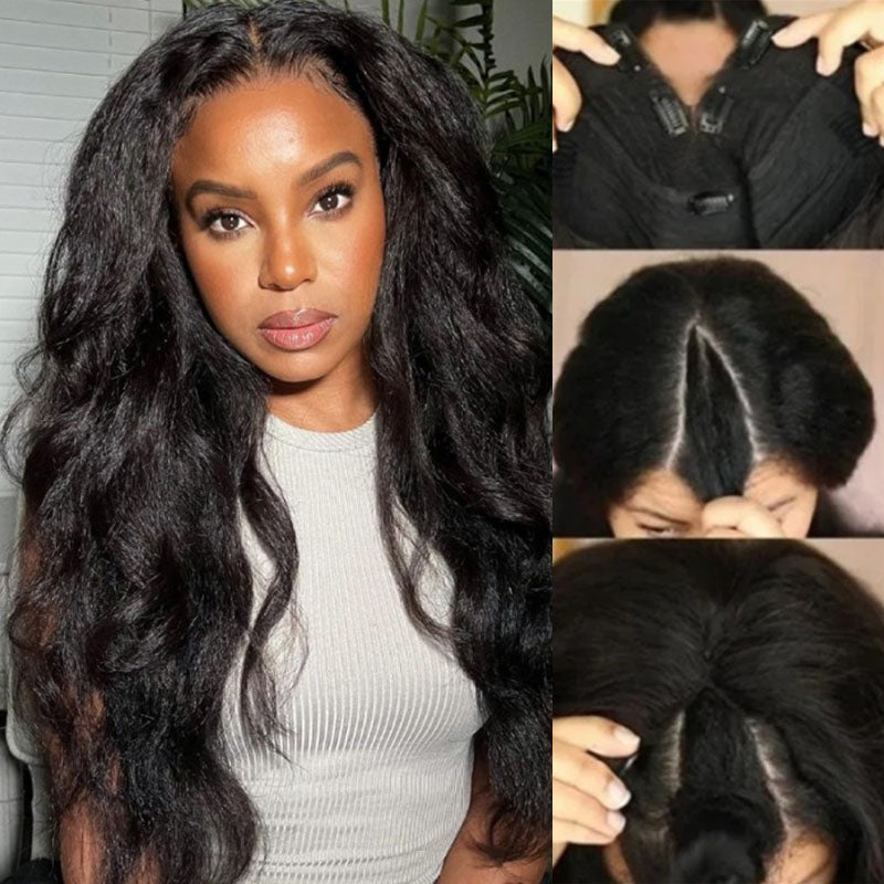 Wesface Kinky Straight V Part Wig Natural Black Human Virgin Hair For Women 180% Density