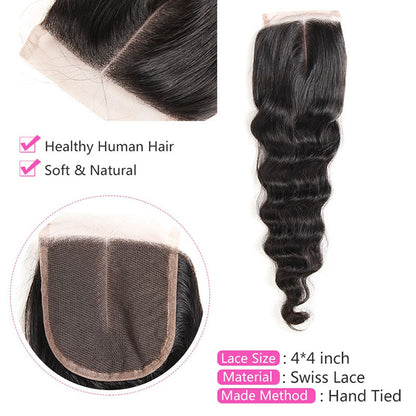Wesface Loose Deep Wave 1 Pcs 4x4 Lace Closure Natural Black Human Virgin Hair