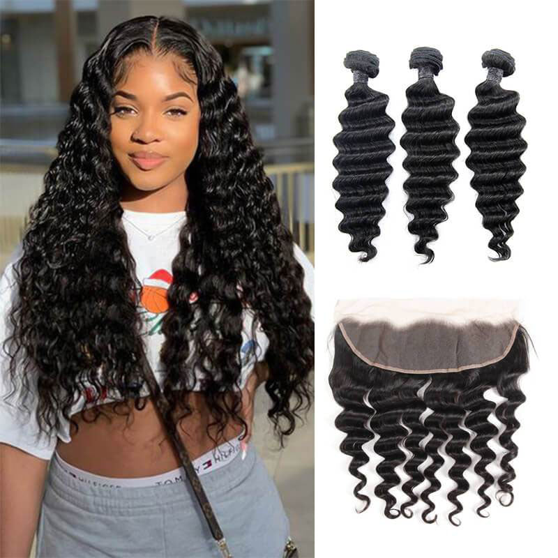 Wesface Loose Deep Wave 3 Pcs Bundles Hair Weft With 13x4 Lace Frontal Natural Black Human Virgin Hair