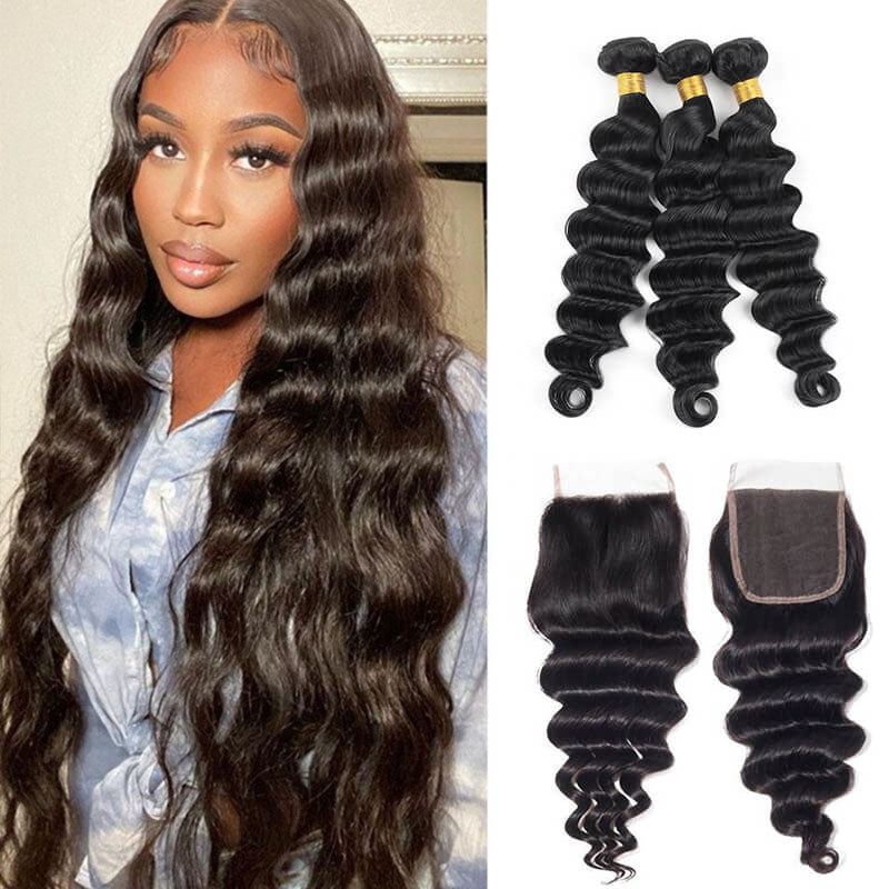 Wesface Loose Deep Wave 3 Pcs Bundles Hair Weft With 4x4 Lace Closure Natural Black Human Virgin Hair