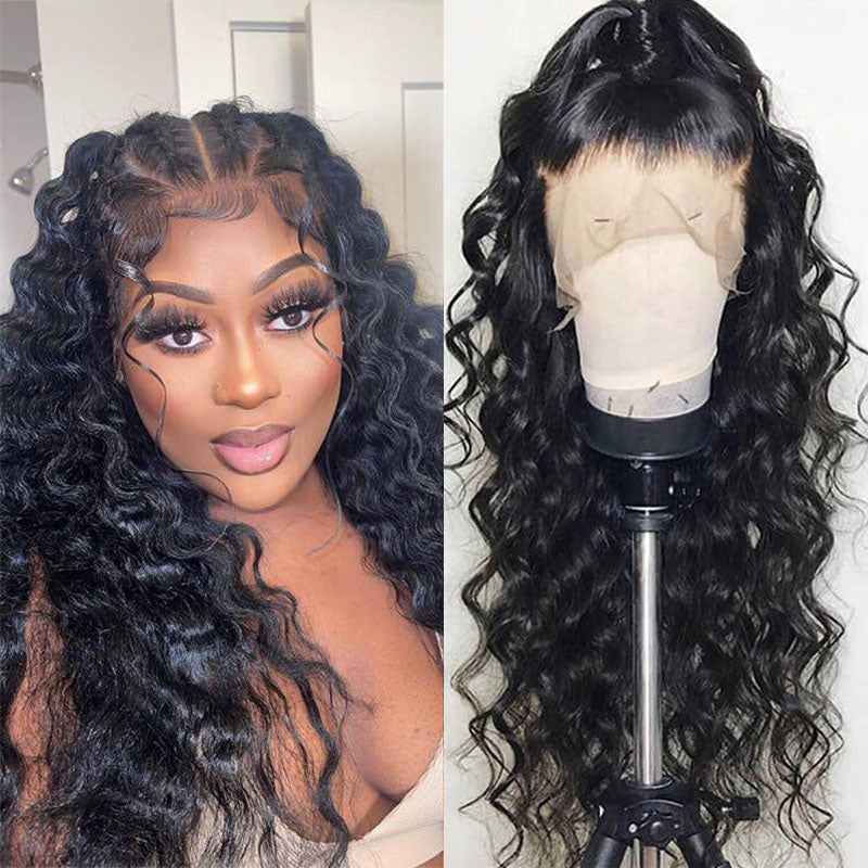 Wesface Loose Deep Wave 360 Lace Frontal Wig Natural Black Human Virgin Hair Wig