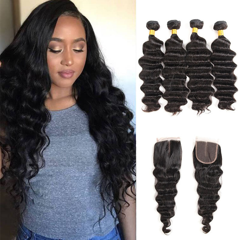 Wesface - Mechones de 4 mechones de cabello suelto de ondas profundas con cierre de encaje de 4 x 4, cabello humano virgen negro natural