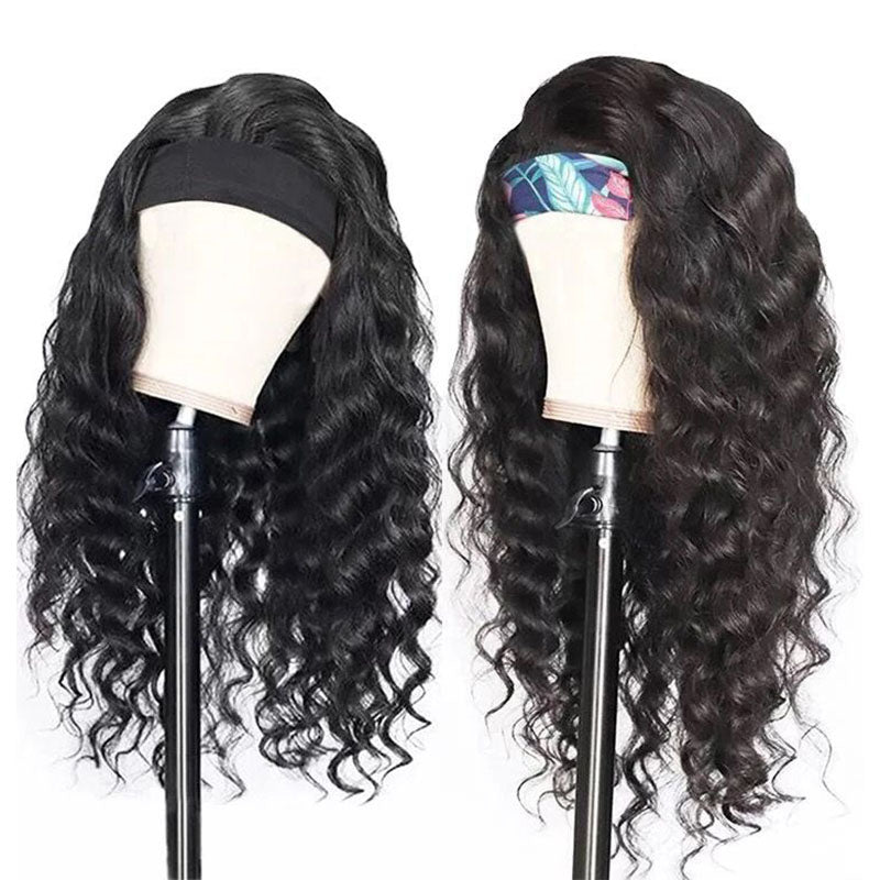 Wesface Loose Deep Wave Headband Wig Natural Black Human Virgin Hair For Women 180% Density