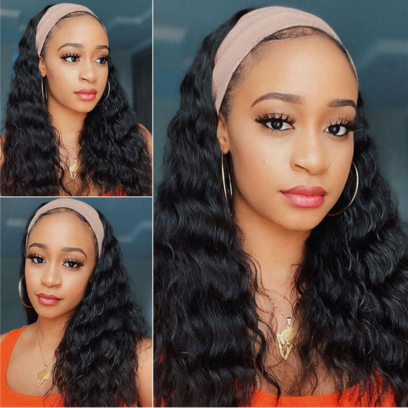Wesface Loose Deep Wave Headband Wig Natural Black Human Virgin Hair For Women 180% Density