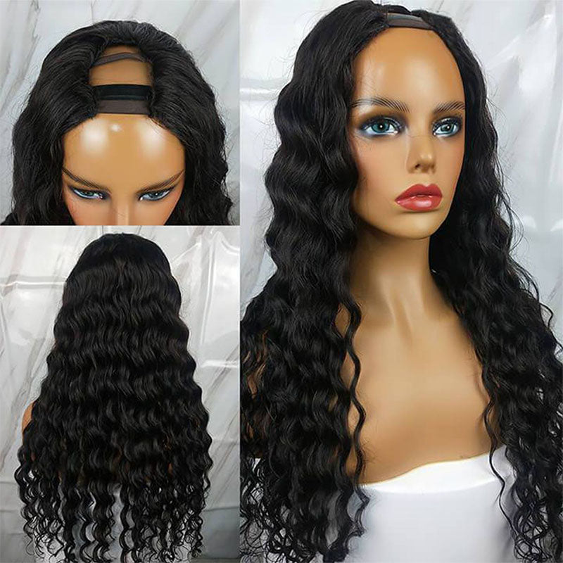 Wesface Loose Deep Wave U Part Wig Natural Black Human Virgin Hair For Women 180% Density
