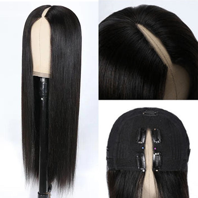 Wesface Straight V Part Wig Natural Black Human Hair Wig For Women 180% Density