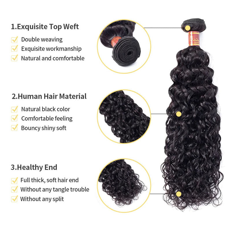 Wesface Water Wave 3 Bundles Hair Weft With 13x4 Lace Frontal Natural Black