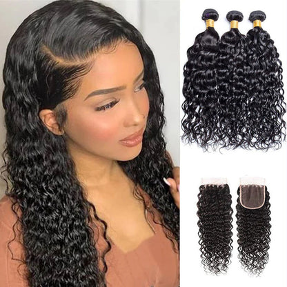 Wesface Water Wave 3 Bundles Hair Weft With 4x4 Lace Closure Natural Black