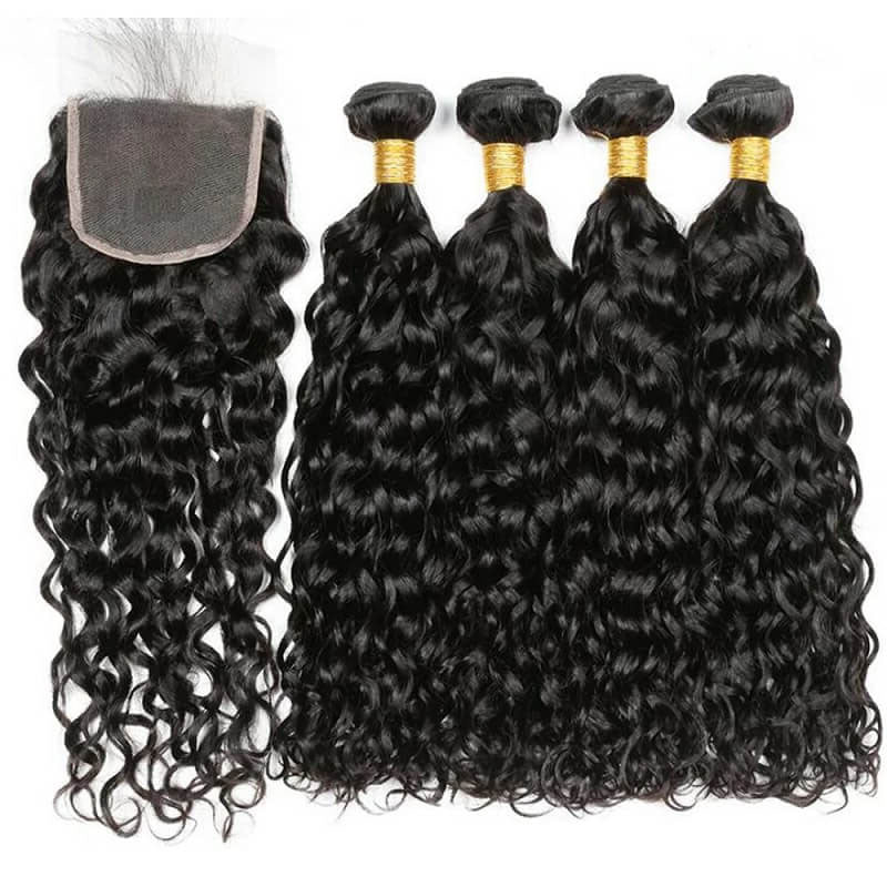 Wesface Water Wave 4 Bundles Hair Weft With 4x4 Lace Closure Natural Black