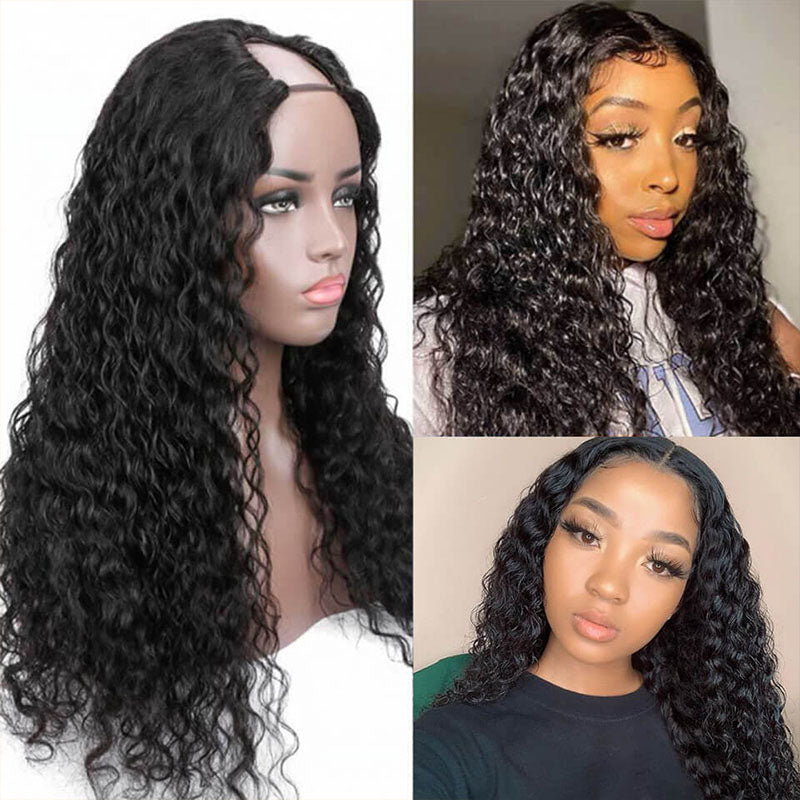 Wesface Water Wave U Part Wig 16-30 Inches Natural Black Human Hair Wig